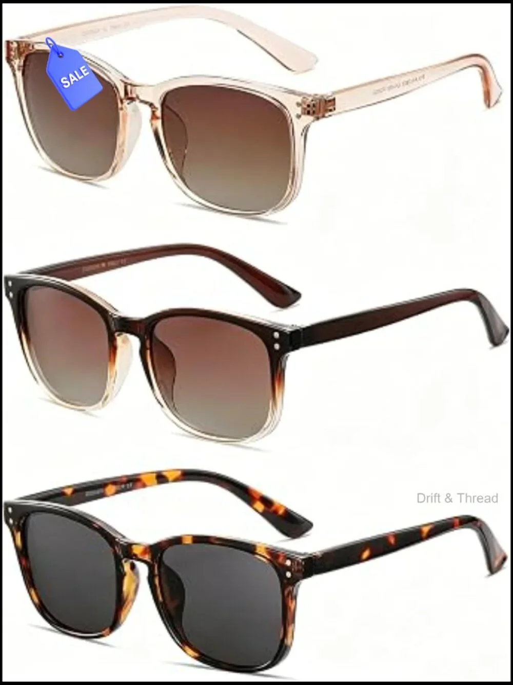 Polarized Sunglasses 3 Pack UV400 Retro Rectangle Lightweight Anti-Glare Driving
